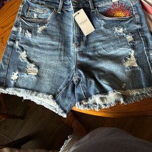 Judy Blue Blue Distressed Jean Shorts with Embroidered Design